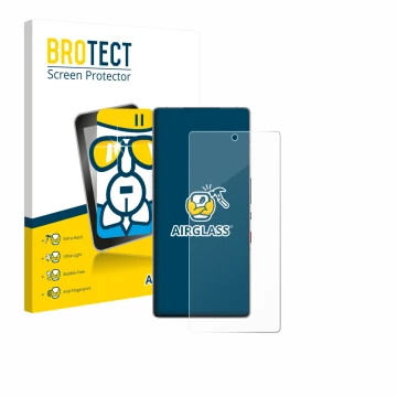 Front side of a product packaging with the brand logo BROTECT. Next to it is the device ZTE Nubia Red Magic 11 Pro+ shown with