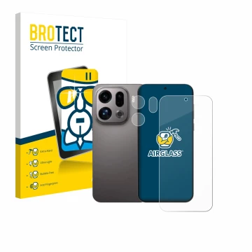 Front side of a product packaging with the brand logo BROTECT. Next to it is the device Oppo Find X9 (Front+Camera) shown with