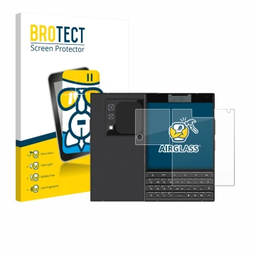 Front side of a product packaging with the brand logo BROTECT. Next to it is the device Unihertz Titan 2 (Front+Camera) shown 