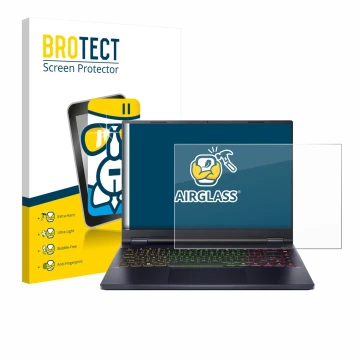 Front side of a product packaging with the brand logo BROTECT. Next to it is the device Acer Predator Helios Neo 14 AI shown w