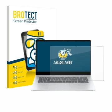 Front side of a product packaging with the brand logo BROTECT. Next to it is the device HP OmniBook 7 17-dc shown with the cor