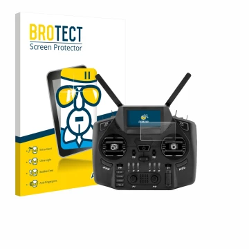 Front side of a product packaging with the brand logo BROTECT. Next to it is the device Radiomaster GX12 shown with the corres