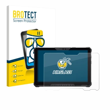 Front side of a product packaging with the brand logo BROTECT. Next to it is the device Dell Pro Rugged 12 RA02260 shown with 