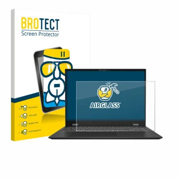 Front side of a product packaging with the brand logo BROTECT. Next to it is the device MSI Prestige 16 AI Evo B1M shown with 