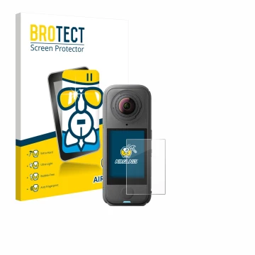 Front side of a product packaging with the brand logo BROTECT. Next to it is the device Insta360 X4 Air shown with the corresp