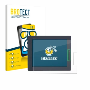 Front side of a product packaging with the brand logo BROTECT. Next to it is the device Schneider-electric HMIDT542 shown with