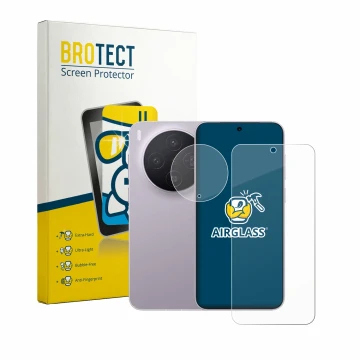 Front side of a product packaging with the brand logo BROTECT. Next to it is the device Vivo X300 (Front+Camera) shown with th