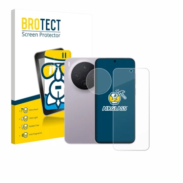 Front side of a product packaging with the brand logo BROTECT. Next to it is the device Vivo X300 Pro (Front+Camera) shown wit
