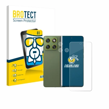 Front side of a product packaging with the brand logo BROTECT. Next to it is the device Motorola Edge 70 (Front+Camera) shown 