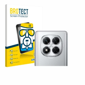 Front side of a product packaging with the brand logo BROTECT. Next to it is the device Xiaomi Poco X7 (ONLY Camera Lens) show