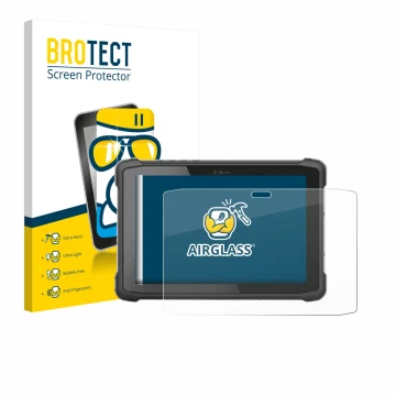 Front side of a product packaging with the brand logo BROTECT. Next to it is the device Hematec SolidTab G99 10