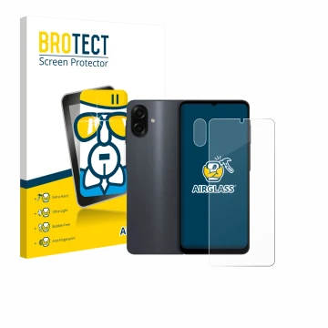 Front side of a product packaging with the brand logo BROTECT. Next to it is the device Samsung Galaxy A07 (Front+Camera) show