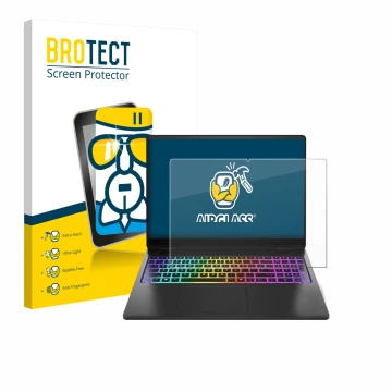 Front side of a product packaging with the brand logo BROTECT. Next to it is the device HP Omen Max 16 shown with the correspo