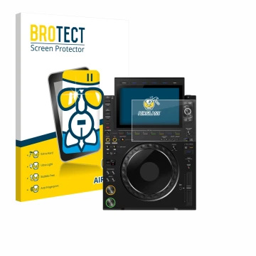 Front side of a product packaging with the brand logo BROTECT. Next to it is the device Pioneer CDJ 3000X shown with the corre