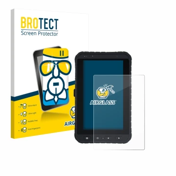 Front side of a product packaging with the brand logo BROTECT. Next to it is the device Winmate M700DQ8 shown with the corresp