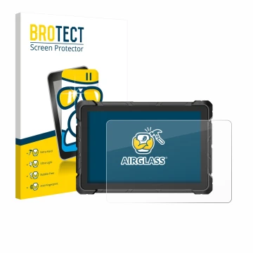 Front side of a product packaging with the brand logo BROTECT. Next to it is the device Higole F7G Rugged Tablet 10.1