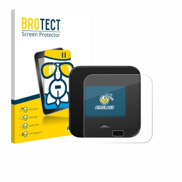 Front side of a product packaging with the brand logo BROTECT. Next to it is the device Netgear Nighthawk M7 Pro shown with th