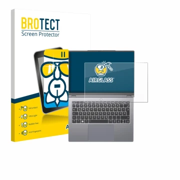 Front side of a product packaging with the brand logo BROTECT. Next to it is the device Tuxedo InfinityBook Pro 14 Gen 10 show