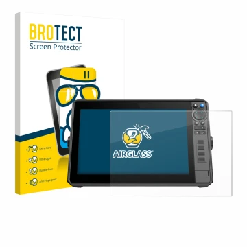 Front side of a product packaging with the brand logo BROTECT. Next to it is the device Lowrance HDS-12 Pro shown with the cor