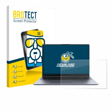 Front side of a product packaging with the brand logo BROTECT. Next to it is the device Huawei MateBook D 16 2024 shown with t