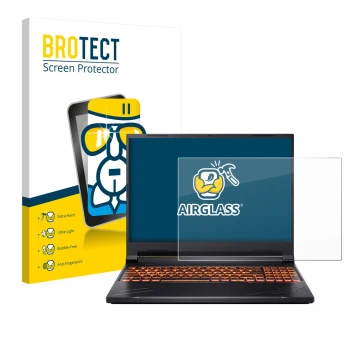 Front side of a product packaging with the brand logo BROTECT. Next to it is the device Acer Nitro V 16 shown with the corresp