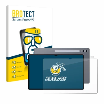 Front side of a product packaging with the brand logo BROTECT. Next to it is the device Samsung Galaxy Tab S10 Ultra (Front+Ca