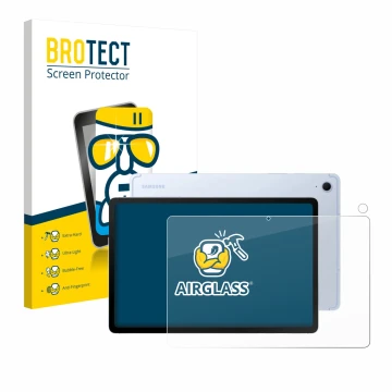 Front side of a product packaging with the brand logo BROTECT. Next to it is the device Samsung Galaxy Tab S10 FE (Front+Camer