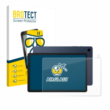 Front side of a product packaging with the brand logo BROTECT. Next to it is the device Samsung Galaxy Tab A9 Plus (Front+Came