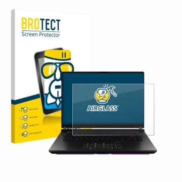 Front side of a product packaging with the brand logo BROTECT. Next to it is the device ASUS ROG Strix SCAR 18 2025 shown with