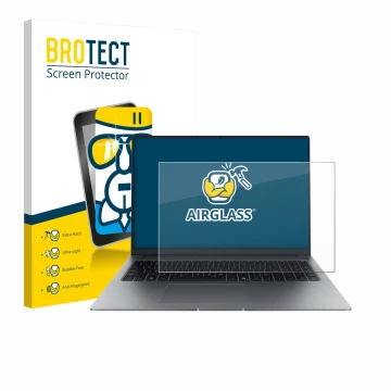 Front side of a product packaging with the brand logo BROTECT. Next to it is the device Honor MagicBook X16 Plus 2025 shown wi