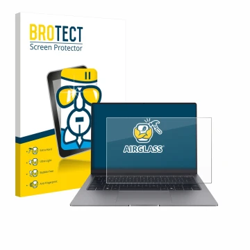 Front side of a product packaging with the brand logo BROTECT. Next to it is the device Honor MagicBook X14 Plus 2025 shown wi