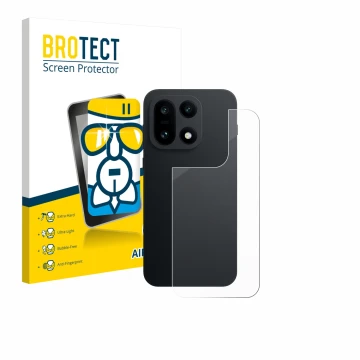 Front side of a product packaging with the brand logo BROTECT. Next to it is the device OnePlus 15 (Back) shown with the corre