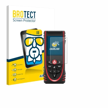 Front side of a product packaging with the brand logo BROTECT. Next to it is the device Leica DISTO X3 shown with the correspo