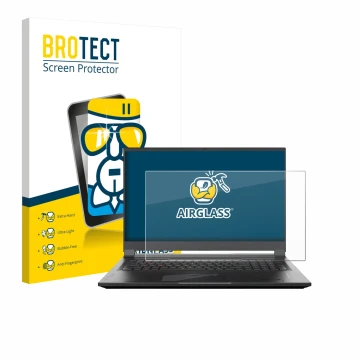 Front side of a product packaging with the brand logo BROTECT. Next to it is the device Gigabyte AORUS 17 2024 shown with the 
