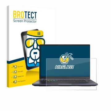 Front side of a product packaging with the brand logo BROTECT. Next to it is the device Gigabyte AORUS 16X 2024 shown with the