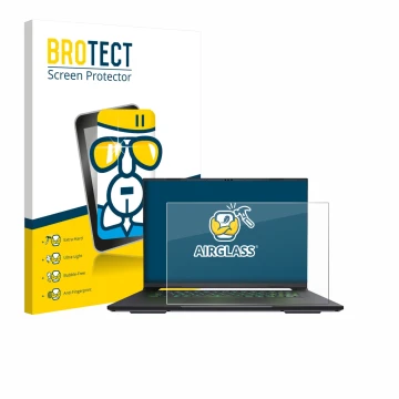 Front side of a product packaging with the brand logo BROTECT. Next to it is the device Gigabyte AERO X16 2025 shown with the 