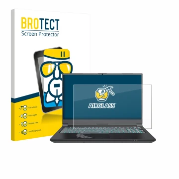 Front side of a product packaging with the brand logo BROTECT. Next to it is the device Gigabyte G5 2024 shown with the corres