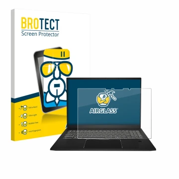 Front side of a product packaging with the brand logo BROTECT. Next to it is the device MSI Summit A16 AI+ shown with the corr