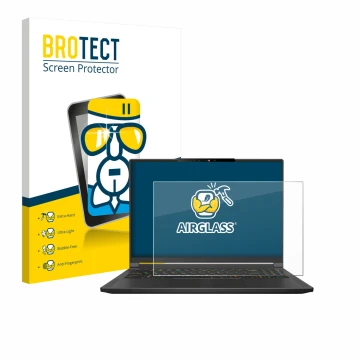 Front side of a product packaging with the brand logo BROTECT. Next to it is the device MSI Stealth A16 AI+ shown with the cor