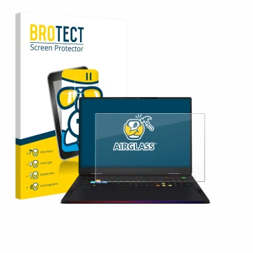 Front side of a product packaging with the brand logo BROTECT. Next to it is the device MSI Raider A18 HX shown with the corre