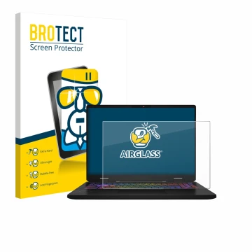 Front side of a product packaging with the brand logo BROTECT. Next to it is the device MSI Vector 16 HX AI shown with the cor