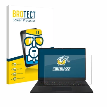 Front side of a product packaging with the brand logo BROTECT. Next to it is the device MSI Titan 18 HX AI 2025 shown with the