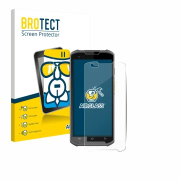 Front side of a product packaging with the brand logo BROTECT. Next to it is the device Newland MT93 shown with the correspond