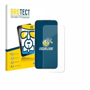 Front side of a product packaging with the brand logo BROTECT. Next to it is the device Xiaomi Poco F8 Pro shown with the corr