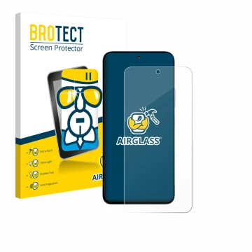 Front side of a product packaging with the brand logo BROTECT. Next to it is the device Xiaomi Poco M7 Plus shown with the cor
