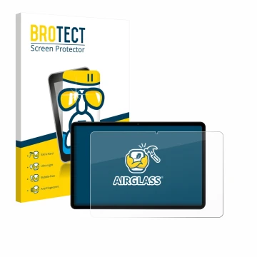 Front side of a product packaging with the brand logo BROTECT. Next to it is the device Xiaomi Poco Pad M1 shown with the corr