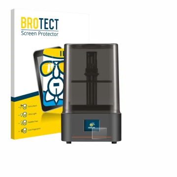 Front side of a product packaging with the brand logo BROTECT. Next to it is the device Anycubic Photon Mono 4 shown with the 