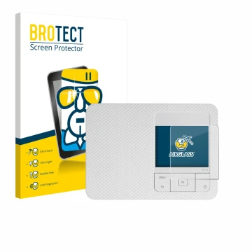 Front side of a product packaging with the brand logo BROTECT. Next to it is the device Canon Selphy CP1500 Mini shown with th