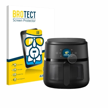 Front side of a product packaging with the brand logo BROTECT. Next to it is the device Philips Airfryer 2000 Gen 2 6,2L shown