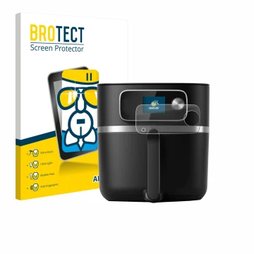 Front side of a product packaging with the brand logo BROTECT. Next to it is the device Philips Airfryer HD9880/90 shown with 